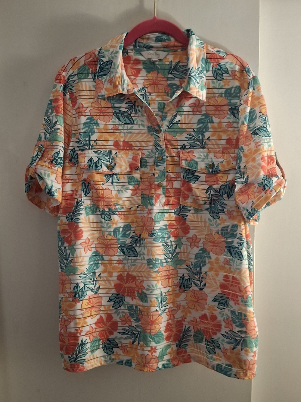 Coral Bay Women's Floral Short-Sleeve Camp Shirt - Teal & Coral